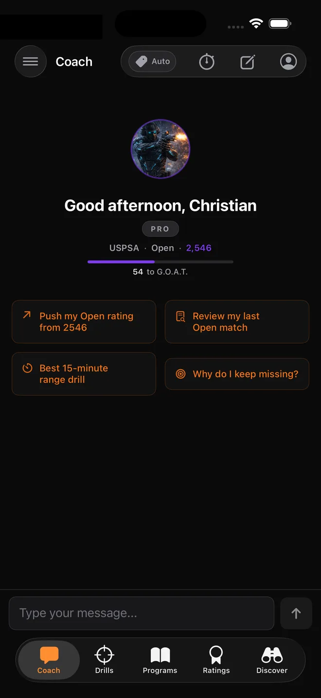 PewScore coach screen showing performance diagnosis and recommendations