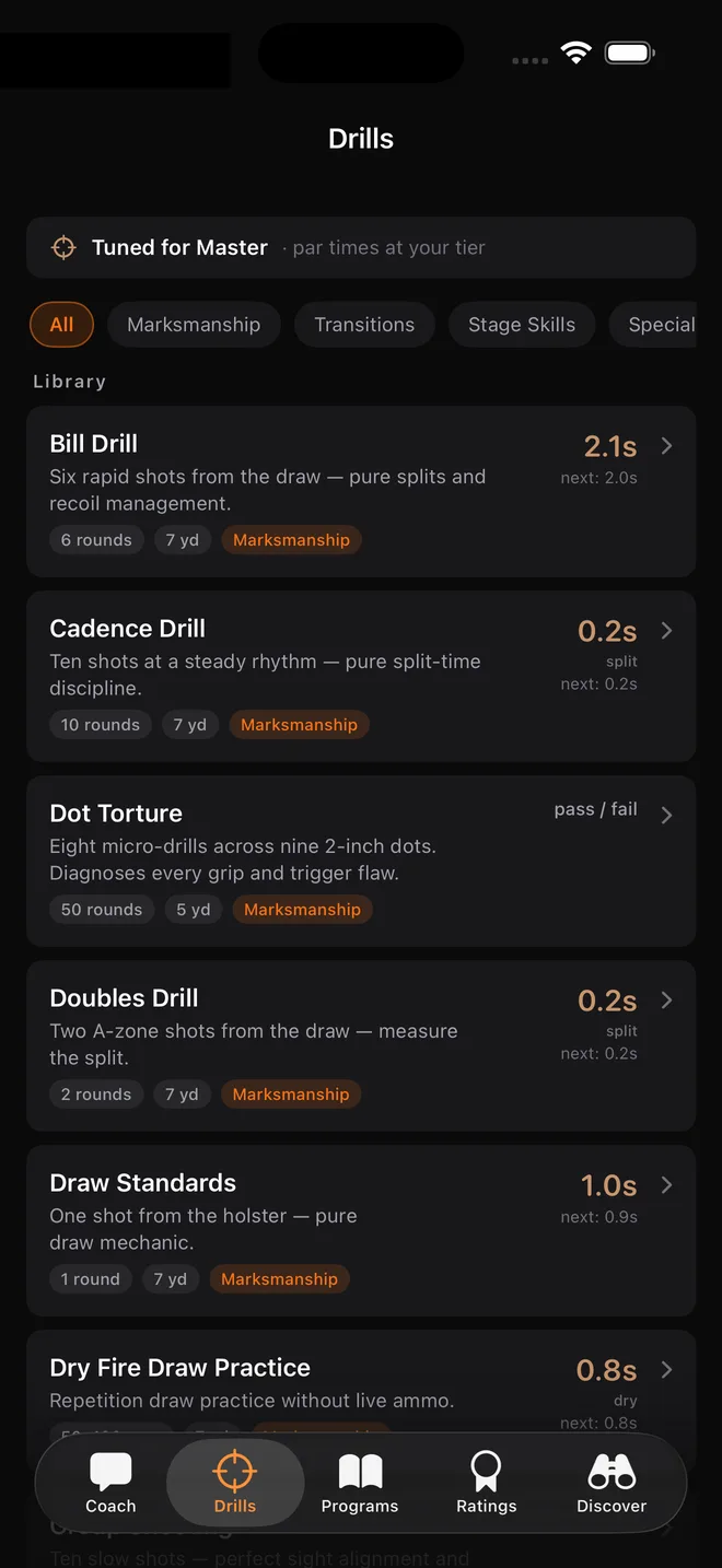 PewScore drills screen showing training plans and shot timer