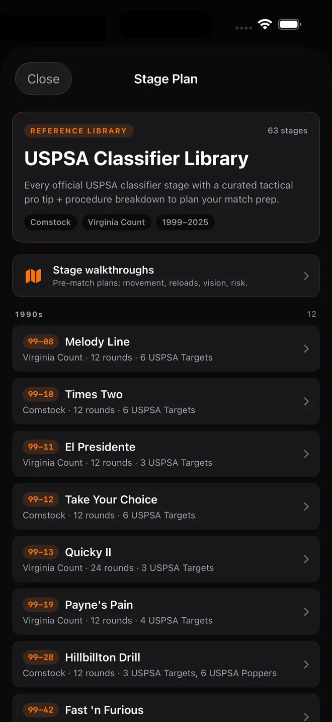 PewScore stage plan screen showing classifier breakdown and coaching